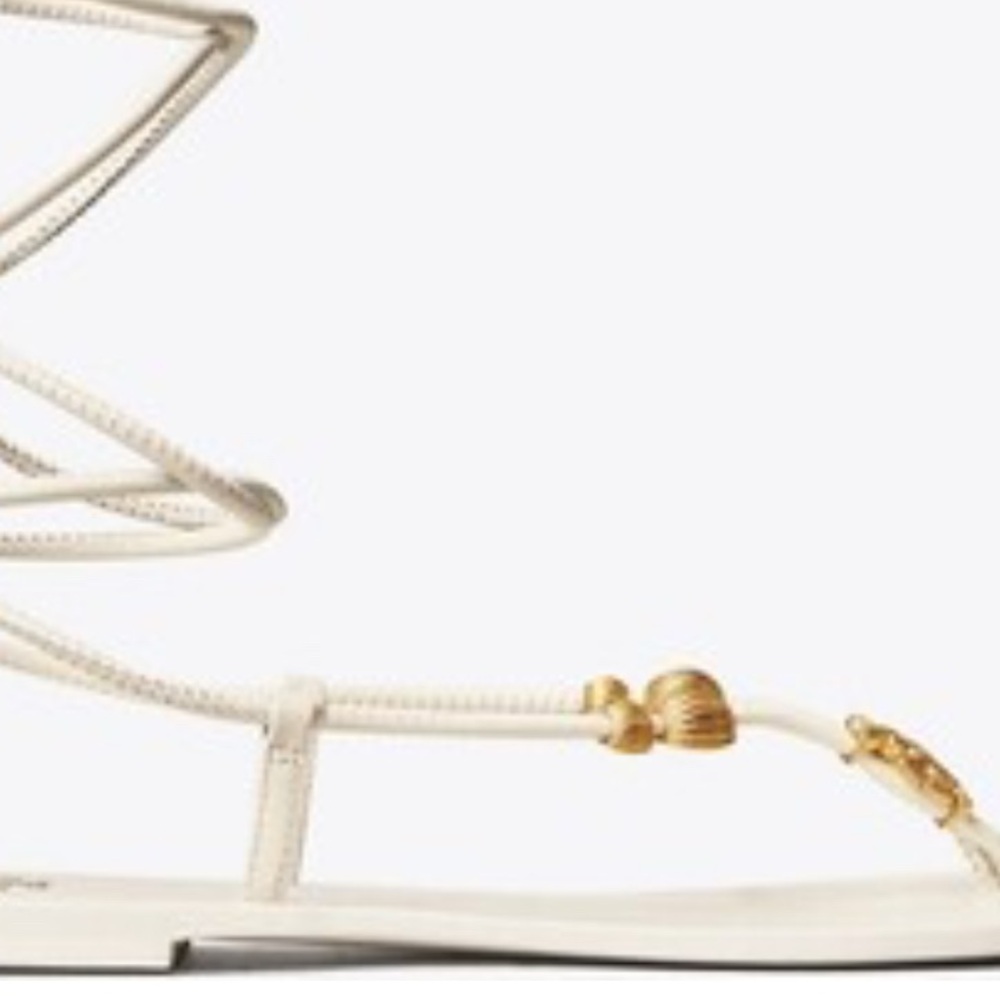 Tory Burch,Capri White and Gold Lace up Sandals with Elegant Charms - Picture 5 of 8